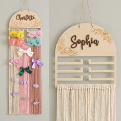 two wall hangings with bows on them and the word sophja written in wood