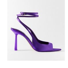 Nwt Zara Fabric High Heel Sandal Elegant Purple Sandals With Branded Heel, Purple Ankle Strap Sandals Fitted, Fitted Purple Sandals With Ankle Strap, Zara Luxury Heels For Summer, Purple Summer Wedding Heels, Elegant Purple Sandals For Evening, Elegant Purple Evening Sandals, Purple Sandals With Wrapped Heel For Evening, Zara Formal Closed Toe Sandals