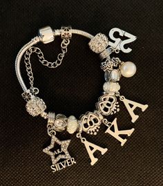 Handmade silver Star charm bracelet Aka Silver Star, Silver Star Bracelet, Star Charm Bracelet, Aka Sorority, Pandora Style, Star Bracelet, Pearl Charms, Charm Set, Photo Bracelet