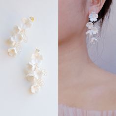 two pictures of the same woman's ear and one with white flowers on it