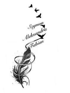 a black and white drawing of a feather with the words symon, aleksunda, fabrin on it