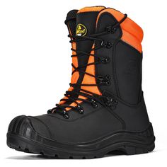 a pair of black and orange work boots