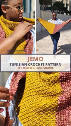 a woman wearing a yellow and pink shawl with text overlay that reads,'jenny crochet pattern textured & easy shawl '