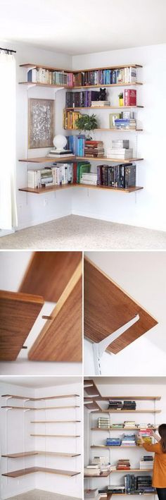 the shelves are made from wood and have bookshelves above them, along with several different types of bookcases