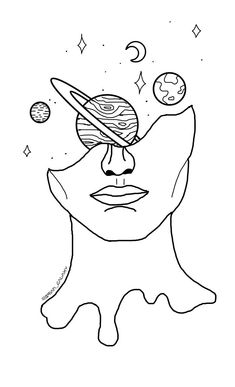 a woman's face with planets and stars in the sky above her, as if she