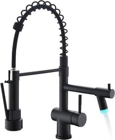 a black kitchen faucet with two spray spouts