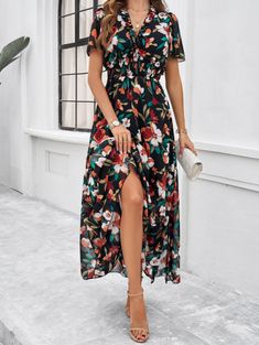 Women's Floral Dress V-Neck Short Sleeve Summer Holiday Dress Wedding Guest Outfit Summer Casual, Casual Maxi Dress, Homecoming Dresses Short Tight, Summer Wedding Outfits, Womens Floral Dress, Wedding Guest Outfit Summer, Turndown Collar, Holiday Dress, Maxi Dresses Casual