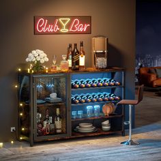 a bar with bottles and glasses on the top shelf next to a neon sign that reads club bar