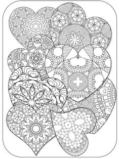 an abstract coloring page with hearts and flowers