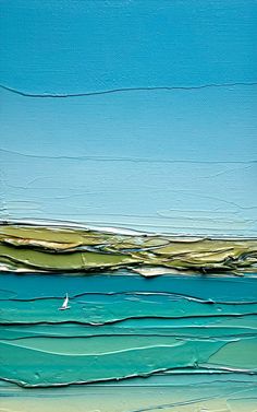 an abstract painting of the ocean with blue sky and green land in the background, as well as a sailboat on the water