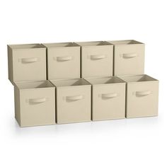 six beige storage boxes stacked on top of each other