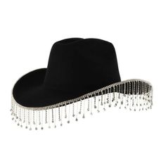 Super Cute Black Cowboy Hat Rhinestone Fringe Detailing At The Trim Great For Brides, Bachelorette Parties, Birthdays, Festivals, Or Just A Fun Night Out Gorgeous Statement Piece One Size Crown 22.8” New - Perfect Condition Austin Texas Cowboy Yeehaw Brides Bridal Love White Cute Fun Funky Western Cowgirl Fedora Cap Crystal Diamonds Ray-Ban Madein Matte Retro Vintage Rare Unique 80’s Aj Morgan Groovy Pieces 70’s Trendy Vogue Kourtney Kardashian Kendall Jenner Unisex Gorgeous Old Hollywood Lenses Party Hat With Rhinestones And Flat Brim, Elegant Rhinestone Hats For Festival, Elegant Rhinestone Festival Hats, Addison Rae Red, Disco Colors, Pretty Cowgirl, Las Vegas Elvis, Target Party, Trend Tik Tok