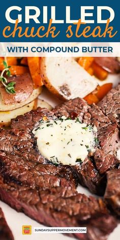 grilled chuck steak with compound butter served on a white plate and garnished with parsley