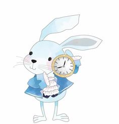 a cartoon rabbit holding a clock in its hand and pointing to it's side