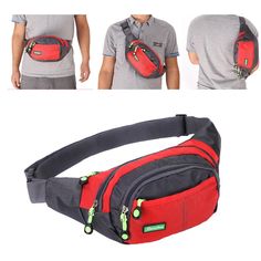 the waist bag is red and black with green zippers on it, as well as an image of a man in grey t - shirt