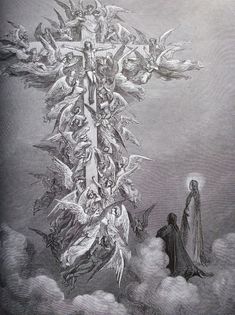 an image of the crucifix with angels and demons on it, surrounded by clouds