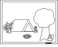 a black and white drawing of a camping scene with a tent, tree, campfire