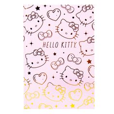 a hello kitty notebook with hearts and stars on the front, in pink background that says hello kitty