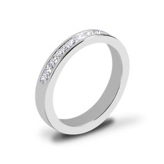 a white gold wedding ring with channeled diamonds on the side, set in 18k white gold