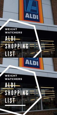 the ad for aldi shopping list is displayed in front of a storefront window