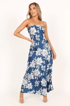 Gemma Strapless Maxi Dress - Blue Floral - Petal & Pup USA Chic Strapless Maxi Dress With Floral Print, Fitted Strapless Floral Maxi Dress, Feminine Strapless Floral Maxi Dress, Blue Strapless Dress With Floral Print, Luxury Blue Strapless Maxi Dress, Summer Wedding Guests, Strapless Maxi, Usa Dresses, Statement Dress