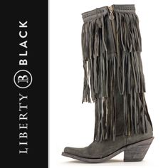 Liberty Black Three Layer Fringe Vintage Vegas Boots Size 9.5 Good Preowned Condition - Shaft 3 Tiered Fringe - 15 Inch Shaft (Approx) - 2 1/2 Inch Heel (Approx) - Leather Lining - Pointed Toe - Zipper Closure - Single Stitch Welt - Leather Outsole - Cushioned Insole Vintage Vegas, 2 Inch Heels, Three Layer, Shoes Heels Boots, Shoes Women Heels, Black Shoes, Heeled Boots, Black Gray, Black And Grey