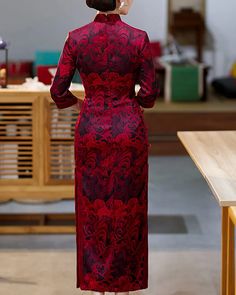 Vintage Long Qipao Chinese Dark Red Dress - Weqipao Banquet Ao Dai With Stand Collar, Traditional Red Dresses For Tea Ceremony, Red Cheongsam With Stand Collar For Parties, Red Fitted Ao Dai With Stand Collar, Traditional Red Cheongsam For Evening, Long Qipao, Red Long Sleeve Cheongsam For Party, Luxury Red Party Cheongsam, Dark Red Dress