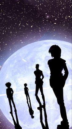 the silhouettes of three people standing in front of a full moon with stars on it