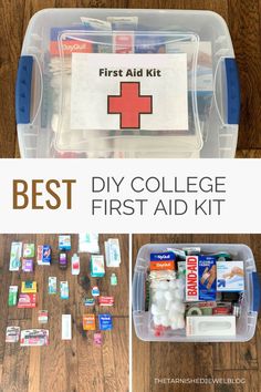 the best diy college first aid kit is in its plastic container and it's filled with medical supplies