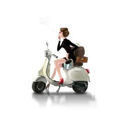 a woman sitting on top of a scooter with luggage