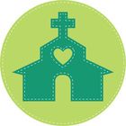 a church with a cross on the roof and a heart at the top in a green circle