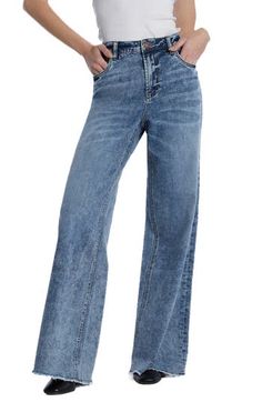 Raw hems refresh the retro style of elongating wide-leg jeans crafted from faded low-stretch denim. 32" inseam; 23" leg opening; 10 1/4" front rise Zip fly with button closure Five-pocket style 67% cotton, 27% REPREVE® recycled polyester, 5% rayon, 1% spandex REPREVE recycled polyester is made from 100% post-consumer recycled plastic bottles Machine wash, tumble dry Imported Denim Blue Straight Flare Jeans With Frayed Hem, Wide Leg Washed Blue Denim Flare Jeans, Wide Leg Washed Denim Flare Jeans, Wide Leg Washed Denim Jeans, Wide Leg Denim Flare Jeans With Frayed Hem, Wide Leg Flare Jeans In Medium Wash, Faded Wide Leg Jeans With Frayed Hem, Washed Blue Wide Leg Denim Flare Jeans, Wide Leg Jeans With Frayed Hem In Medium Wash