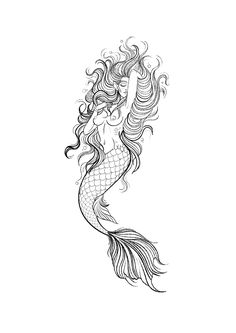 a black and white drawing of a mermaid with her hair blowing in the wind,