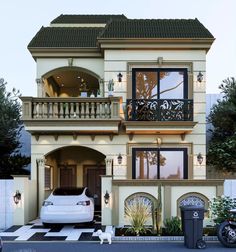 a white car parked in front of a house with a black and white checkered floor