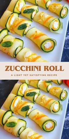 zucchini roll with cheese and spinach on top, sitting on a white platter