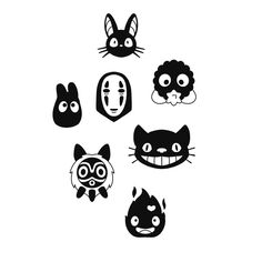 four different types of masks with cats and dogs on them, all in black and white