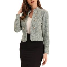 This jacket is made up of several design points: stand collar, stretchy tweed fabric, long sleeve, button decor, curved hem, cropped length, unlined. Long Sleeve, Tweed Fabric, Plaid Detail, Round Neck. Suit for daily wear, office business wear in fall and winte. Occasions: Christmas Party, Office, Work, Meetings, Formal Ceremony, Casual, etc. Measurement (in inches) International Size----------Shoulder Width----------Total Length----------Sleeve Length XS---------------------14 1/2---------------------18 1/4-----------------22 1/2 S-------------------------15 ------------------------18 3/4-----------------22 7/8 M---------------------15 1/2---------------------19 1/8------------------23 1/4 L-----------------------16 1/4---------------------19 3/4----------------23 5/8 XL-----------------