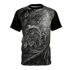 "\"Unleash your inner fashionista with our stunning black and gray floral shirt, featuring a full coverage print of an intricate floral design. Made from premium materials, this shirt provides a comfortable and breathable fit that's perfect for any occasion. The black and gray floral design is an absolute masterpiece, with intricate details that create a mesmerizing effect. The monochromatic color scheme gives the shirt a modern and stylish look, making it a must-have addition to any wardrobe. W Black Floral Print Tops For Streetwear, Black Floral Print Short Sleeve Tops, Black Short Sleeve Shirt With All Over Print, Black Crew Neck Tops With Exclusive Print, Black Casual Tops With Exclusive Print, Black Floral Print Crew Neck Tops, Black Tops With All Over Print And Short Sleeves, Black Crew Neck T-shirt With Digital Print, Black Crew Neck Shirt With Floral Print