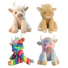 four stuffed animals with different colors and sizes are shown in this set, including one cow, the other bull