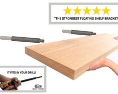 a hand holding a piece of wood with two tools attached to it and three stars above the image