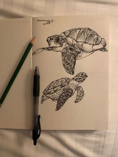 a drawing of two sea turtles on top of a book next to a green pencil