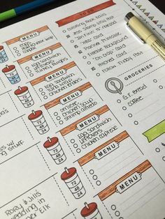 a menu planner with markers and pencils on it