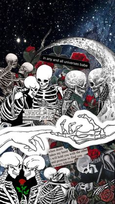 a collage of skeletons and roses with the moon in the background