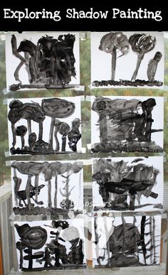 an art project with black and white images on the side of a window sill