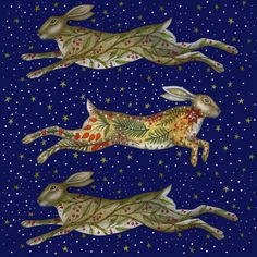 three rabbits are flying through the night sky