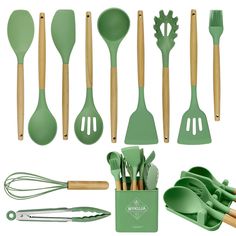 green kitchen utensils and spatulas with wooden handles