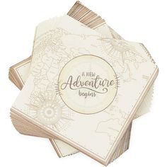 four paper napkins with the words adventure begin on them