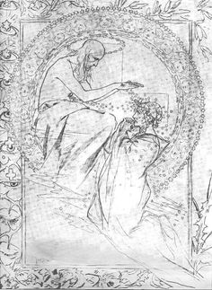 an old drawing of a woman with flowers in her hand and a man sitting on the ground