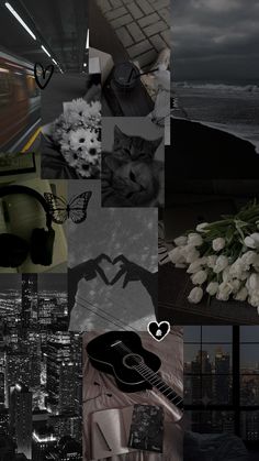 a collage of black and white images with flowers, guitar, sunglasses, cityscape