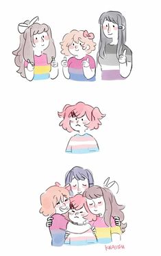 four girls hugging each other with different expressions